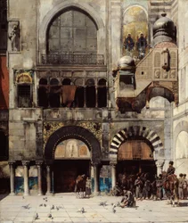 Tscherkessische Kavallerie wartet auf ihren Kommandanten vor einem byzantinischen Monument; Erinnerung an den Orient