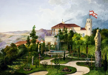 Außenansicht mit Garten, südwestlich der Villa Lazzarovic Triest, Residenz von Maximilian von Habsburg (1832-1867)