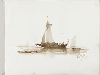 Segelschiff mit Figuren auf dem Wasser