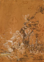 Waldlandschaft mit Engeln und Söldnern