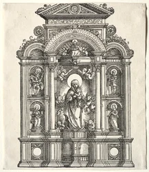 Großer Altar mit der Jungfrau, in einem Rahmen mit den Heiligen Christophorus, Georg, Barbara, Katharina