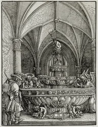 Die Heilige Familie an der Quelle. Gravur von Albrecht Altdorfer. Louvre Museum