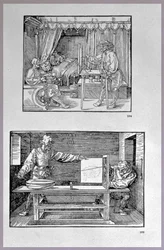 Apparat zur Übersetzung dreidimensionaler Objekte in zweidimensionale Zeichnungen, zwei Szenen aus dem ersten technischen Buch des Künstlers Einführung in die Kunst der Messung mit Kompass und Lineal