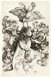 Wappen mit Löwe und Hahn