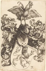 Wappen mit einem Löwen und einem Hahn
