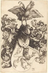 Wappen mit einem Löwen und einem Hahn