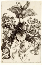 Wappen mit einem Löwen und einem Hahn