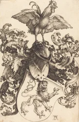 Wappen mit einem Löwen und einem Hahn