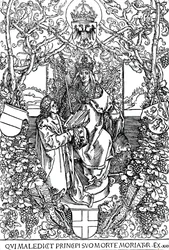 Conrad Celtes überreicht sein Buch Quatuor Libri Amorum an Maximilian I, 1502