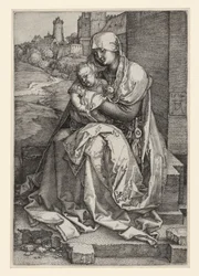 Maria mit Kind vor einer Mauer sitzend