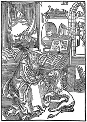 St. Hieronymus in seinem Studierzimmer, der einem Löwen einen Dorn aus der Pfote zieht, 1492