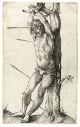 Der Heilige Sebastian an den Baum gebunden