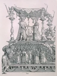 Die burgundische Hochzeit oder der Triumphzug von Kaiser Maximilian I. von Deutschland (1459-1519), der den Hochzeitswagen von Maximilian und Maria von Burgund (1458-82) zeigt, veröffentlicht 1526 (Detail)