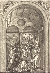 Die Heilige Familie mit zwei Engeln in einer gewölbten Halle, ca. 1504