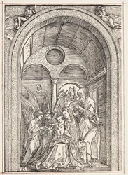 Die Heilige Familie mit zwei Engeln in einer gewölbten Halle