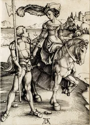 Die Dame zu Pferd mit dem Hellebardier