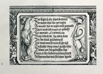 Der Triumphbogen von Kaiser Maximilian I. von Deutschland: Detail eines Löwenfells mit einer Inschrift, die die Familienverbindungen des Kaisers lobt, 1517-18