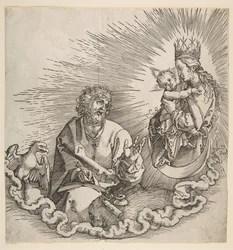 Die Jungfrau erscheint dem heiligen Johannes, Frontispiz zur Apokalypse, 1511