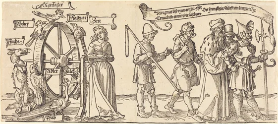 Zeit und ein Fuchs drehen das Rad des Schicksals mit Menschen aller Ränge rechts