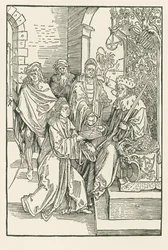 Conrad Celtes überreicht seine Ausgabe der Roswitha-Komödien an den Kurfürsten Friedrich von Sachsen