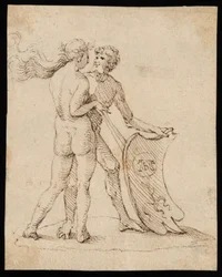 Nackte Frau und Mann mit dem Schild mit dem Wappen von Willibald Pirckheimer