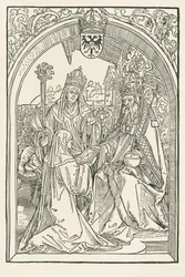 Roswitha in Anwesenheit ihrer Nichte Gerba, der Äbtissin von Gandersheim, überreicht ihre Werke Kaiser Otto I.