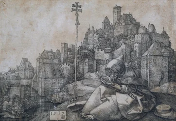 Der heilige Antonius sitzt vor einer Stadt