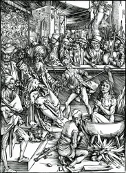 Der heilige Johannes der Evangelist wird in einem Kessel mit kochendem Öl gefoltert, aus der 