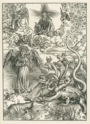 Die Frau mit der Sonne bekleidet und der siebenköpfige Drache. Die Offenbarung des Johannes, c.1497