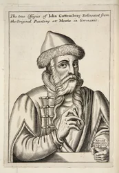 Johannes Gutenberg, aus Mechanick Exercises: or The Doctrine of Handy-Works applied to the Art of Printing, veröffentlicht 1683