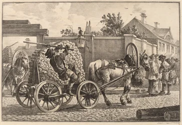 Russischer Träger, der Holz auf einem Wagen transportiert