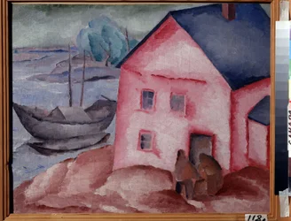 Ein rosa Haus am Fluss
