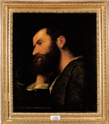 Porträt des Dichters Pietro Aretino, Brustbild, stützt seinen Kopf auf seine rechte Hand an einem Sims mit einer Pflanze
