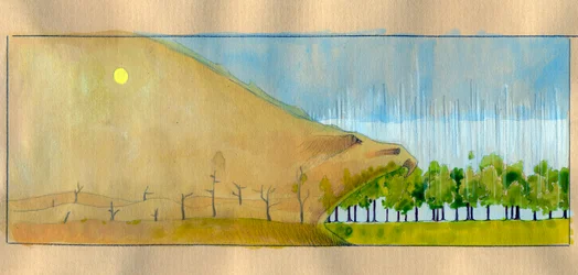 Allegorie der Abholzung, eine Landschaft aus toten Bäumen als Monster, das den Wald verschlingt.