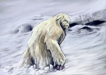 Fantastische Monster und Kreaturen, Kryptozoologie: Darstellung eines Yetis oder „Schneemenschen“, anthropomorphe Kreatur des Folklore der Himalaya-Region