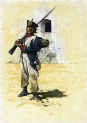 Erstes Kaiserreich (1804-1814 und 1815): Infanteriesoldat und Kanonier der französischen Infanteriebrigade der großen napoleonischen Armee in einem Fort Zeichnung von Alessandro Lonati