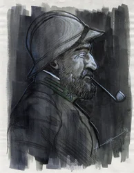 Erster Weltkrieg 1914-1918: Profilporträt eines Soldaten der italienischen Armee, der 1915 Pfeife raucht. Zeichnung von Alessandro Lonati