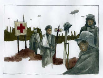 Erster Weltkrieg: Kriegsversehrte und Verwundete in Obhut des Rotkreuz-Rettungspostens - 1914-1918 - Illustration von Alessandro Lonati