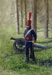 Erstes Kaiserreich: Mitglied der revolutionären Artillerie in der Nähe seiner Kanone. Zeichnung von Alessandro Lonati