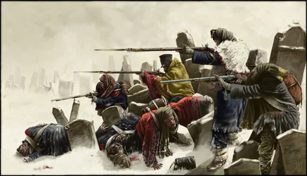 Französischer Rückzug in Russland, auf einem Friedhof, Winter 1812, 2024