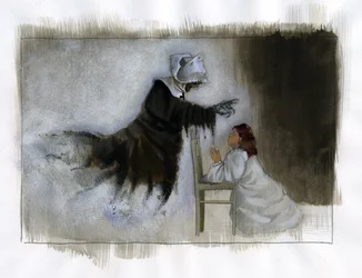 Geist einer älteren Nonne mit krummen Händen erscheint einem betenden kleinen Mädchen - Illustration von Alessandro Lonati