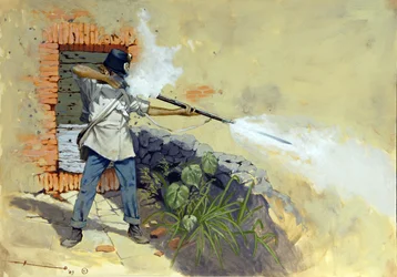 Italienfeldzug: ein österreichischer Infanterist eröffnet das Feuer in der Schlacht von Solferino zwischen dem österreichisch-ungarischen Reich von Franz Joseph I. von Österreich und der französisch-sardischen Koalition von Napoleon III. und Viktor Emanuel