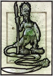 Legendäres Monster für eine Fantasy-Illustration: Gesicht einer Stammeskreatur oder eines Kriegers mit Speer, Schild und Federschwanz.