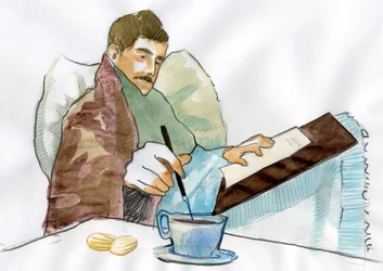 Marcel Proust als kranker Mann, der mit dem Tee seiner Tante Elisabeth schreibt
