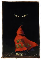 Rotkäppchen von Charles Perrault (1628-1703): Rotkäppchen blickt dem Wolf in der Dunkelheit mit einer unter ihrem roten Mantel versteckten Schrotflinte entgegen