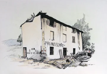 Zweiter Weltkrieg: Ansicht eines zerstörten Hauses im besetzten Italien Zeichnung von Alessandro Lonati