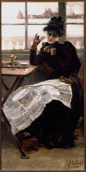 Eine schwarz gekleidete Frau liest in einem Bistro die Zeitung und nippt an einer Tasse Kaffee. Genua, Galleria d