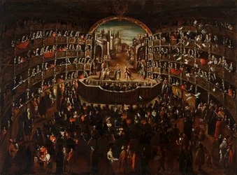 Das Theater, mit einer Szene aus der Oper "Bernice Vendicativa" auf der Bühne