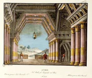 Ansicht eines großen Palastraums. Bühnenbild für das Ballett „Gli spagnoli nel Peru“ von Giovanni Galzerani (1780-1865) (1828). Lithographie in „Raccolta di invenzioni sceniche del 1830“ von Alessandro Sanquirico (1777-1849). Mailand