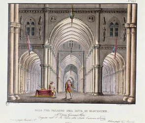 Ansicht des Palastsaals des Herzogs von Gloucester Bühnenbild für die Aufführung der Oper „Giovanna Shore“ (Jeanne Shore) von Carlo Ponti (1829)